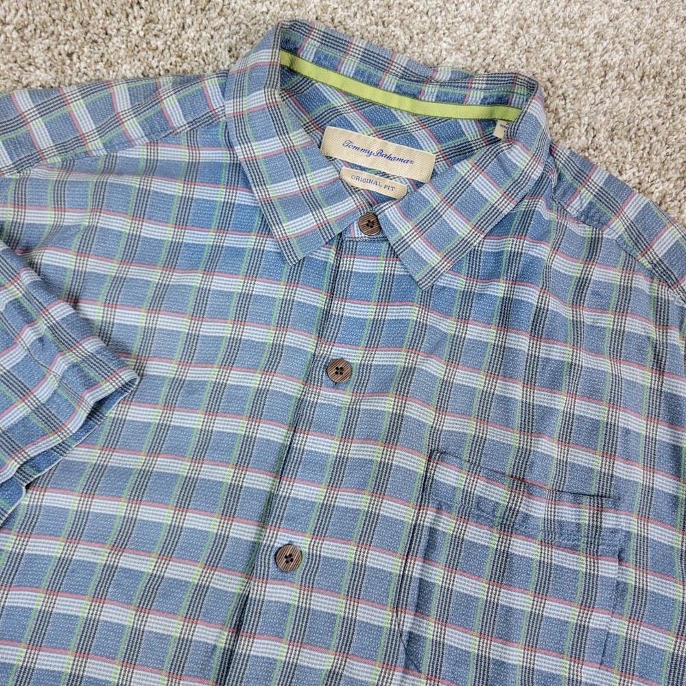 Tommy Bahama Button Up Shirt Mens XL Blue Plaid 100% Silk Original Fit Casual